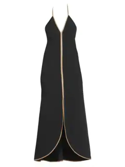 Shop Victoria Beckham Leather-trimmed Camisole Dress In Black Camel