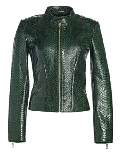 Shop The Fur Salon Dyed Python Moto Jacket In Dark Green