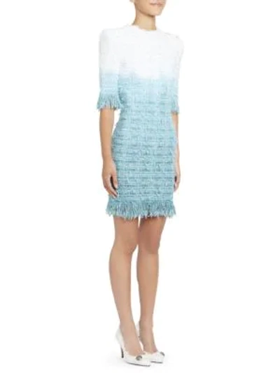 Shop Balmain Fringed Tie-dye Tweed Dress In Turquoise White