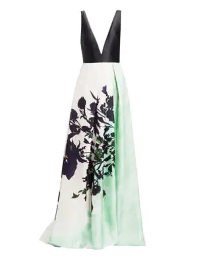 Shop Monique Lhuillier Deep V-neck Sleeveless Ball Gown In Mint Multi
