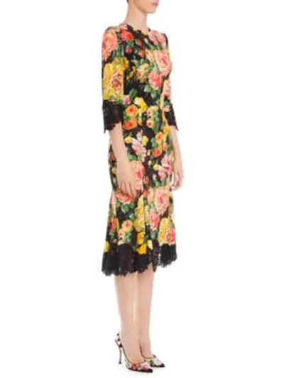 Shop Dolce & Gabbana Lace Trim Stretch Cady Floral Dress In Multi