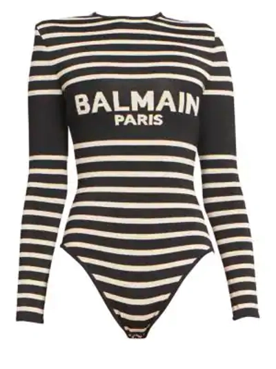 Shop Balmain Gold Striped Logo Bodysuit In Black White