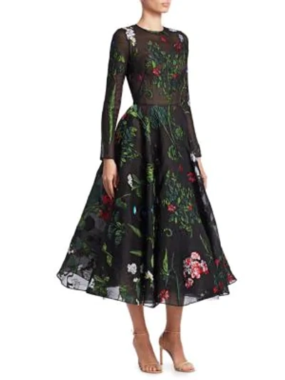 Shop Oscar De La Renta Floral-embroidered A-line Silk Crepe Tea Dress In Black Multi