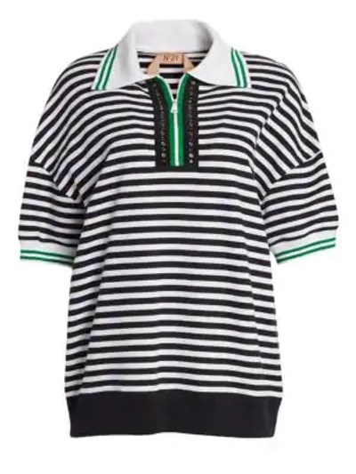 Shop N°21 Studded Striped Zip Polo Shirt In White Black