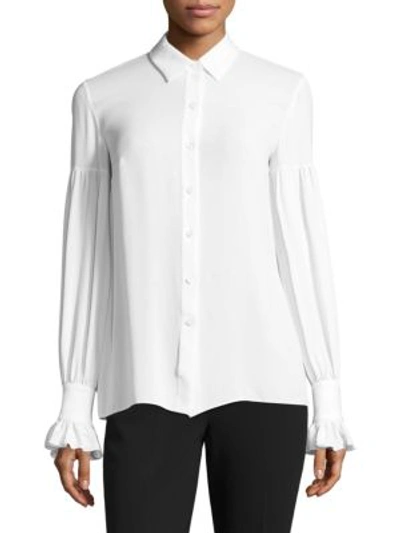 Shop Michael Kors Silk Gathered Bell-sleeve Silk Button-down Shirt In White