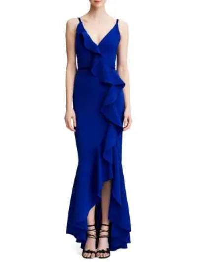 Shop Marchesa Notte Sleeveless Stretch Crepe Ruffle Gown In Royal