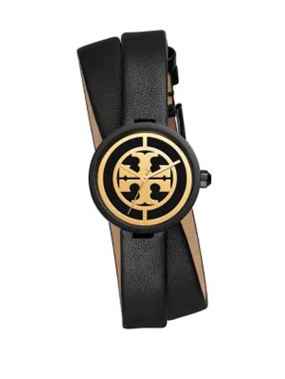 Shop Tory Burch The Reva Two-piece Leather Strap Watch In Black