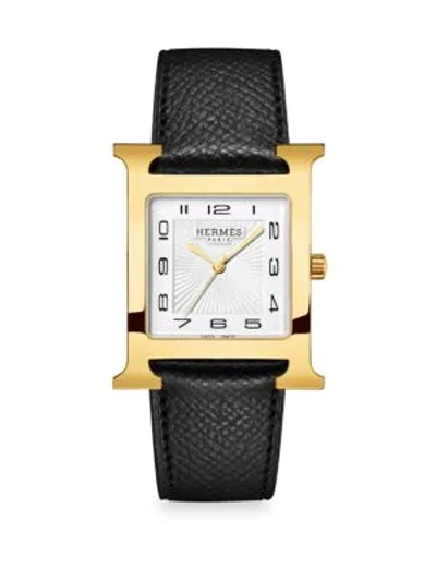 Shop Hermes Heure H Goldtone & Leather Strap Watch/30.5mm In Black