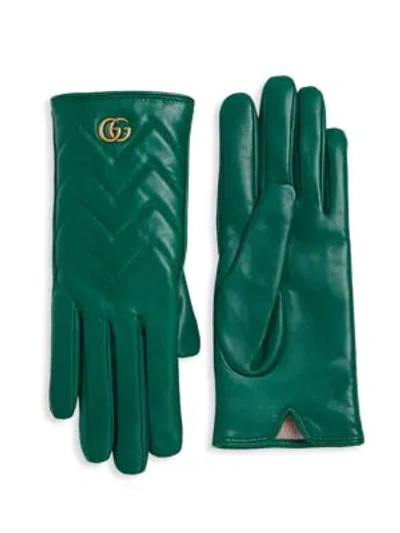 Shop Gucci Gg Marmont Leather Gloves In Tide