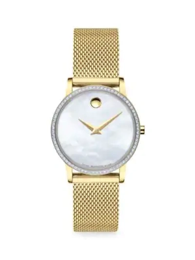 Shop Movado Yellow Goldplated, Pavé Diamond Stainless Steel & Mother-of-pearl Mesh Strap Watch In Gold Pearl