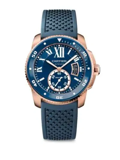 Shop Cartier Calibre De  Diver 18k Pink Gold, Adlc Stainless Steel & Rubber Strap Watch In Blue