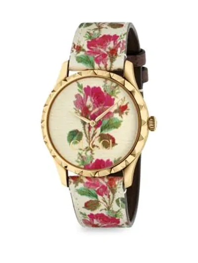 Shop Gucci G-timeless Floral Leather Strap Watch In Gold