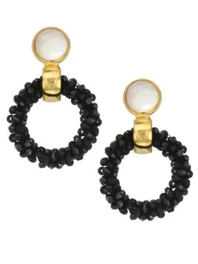Shop Lizzie Fortunato Brancusi 18k Goldplated, Glass & Mother-of-pearl Beaded Hoops In Black