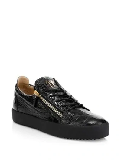 Shop Giuseppe Zanotti Men's Crocodile Embossed Leather Platform Sneakers In Black