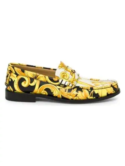 Shop Versace Vitello Leather Printed Loafers In Black White Gold