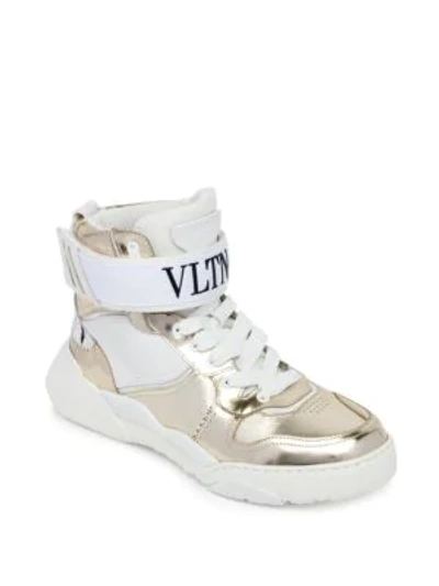 Shop Valentino Vltn High-top Sneakers With Ankle Grip-strap In Platino Bianco