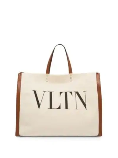 Shop Valentino Large Vltn Canvas Tote In Tan