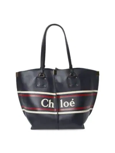 Shop Chloé Medium Vick Logo & Stripes Leather Tote In Dark Blue