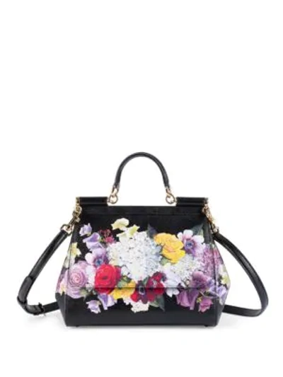 Shop Dolce & Gabbana Medium Sicily Floral-print Leather Top Handle Bag In Black