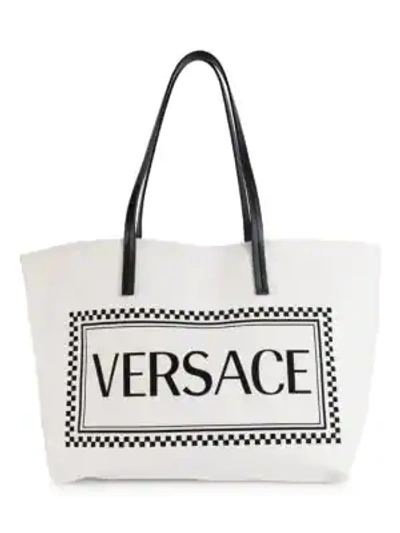 Shop Versace Canvas Stamp Logo Tote In White