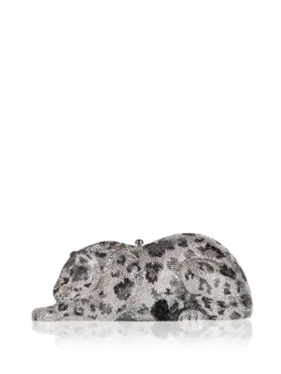 Shop Judith Leiber Snow Leopard Wildcat Crystal Clutch In Silver Rhine