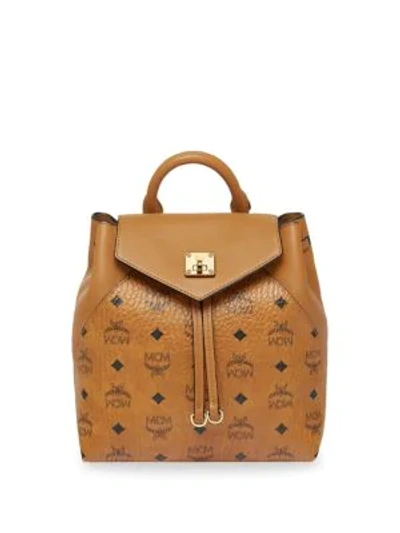 Shop Mcm Small Essential Visetos Original Leather Backpack In Cognac