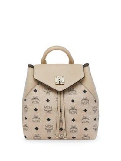 Shop Mcm Essential Visetos Small Leather Logo Backpack In Tan