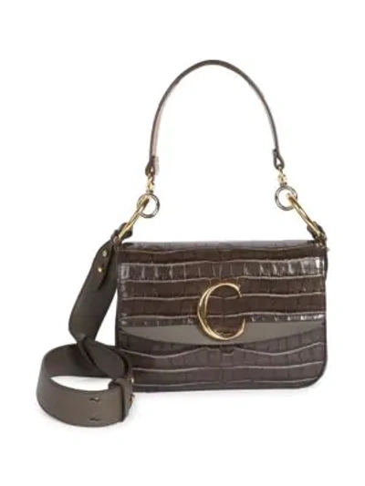 Shop Chloé C Croc-embossed Leather Double Carry Bag In Brown