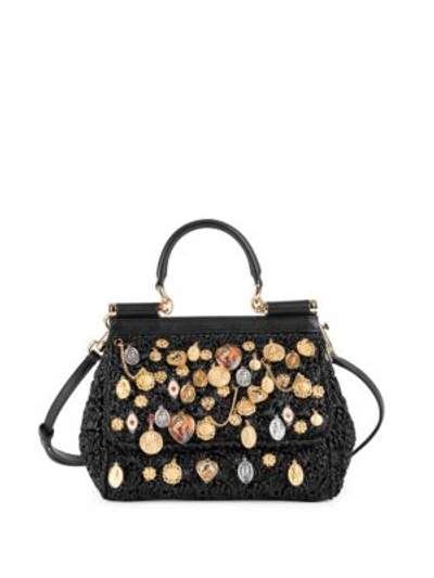 Shop Dolce & Gabbana Small Sicily Charm-embellished Raffia Top Handle Bag In Black