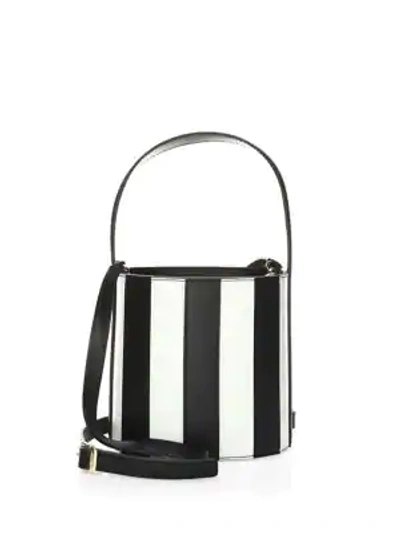 Shop Staud Bissett Striped Leather Bucket Bag In Black White