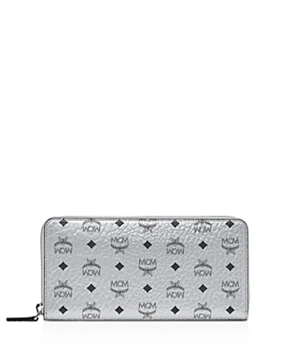 Shop Mcm Zip Around Large Leather And Canvas Wallet In Berlin Silver/silver