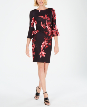 Calvin Klein Floral Bell-sleeve Sheath Dress In Red/black | ModeSens