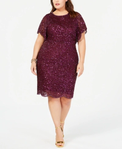 Shop Adrianna Papell Plus Size Beaded Flutter-sleeve Dress In Cabernet