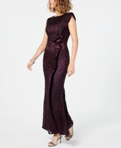 Shop Tahari Asl Sequined Lace Gown In Aubergine