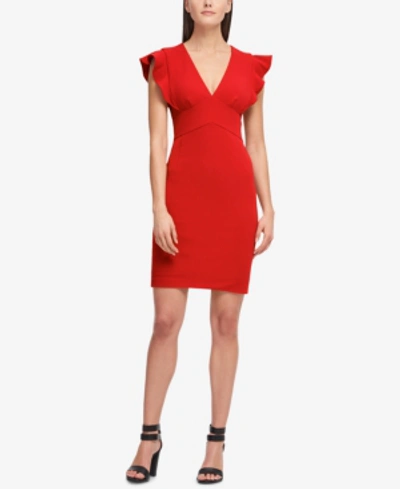Shop Dkny V-neck Ruffle Cap Sleeve Sheath Dress In Scarlet