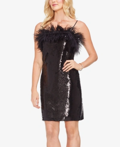 Shop Vince Camuto Feather Sequined Dress In Rich Black