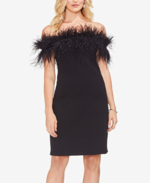 feather trim black dress