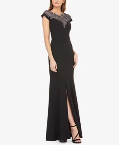 Shop Js Collections Lace-neck Stretch-crepe Gown In Black
