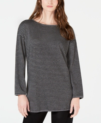 Shop Eileen Fisher Boat-neck Striped Top, Regular & Petite In Ash/black