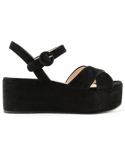 Shop Prada Crossover Strap Wedge Sandals In Nero