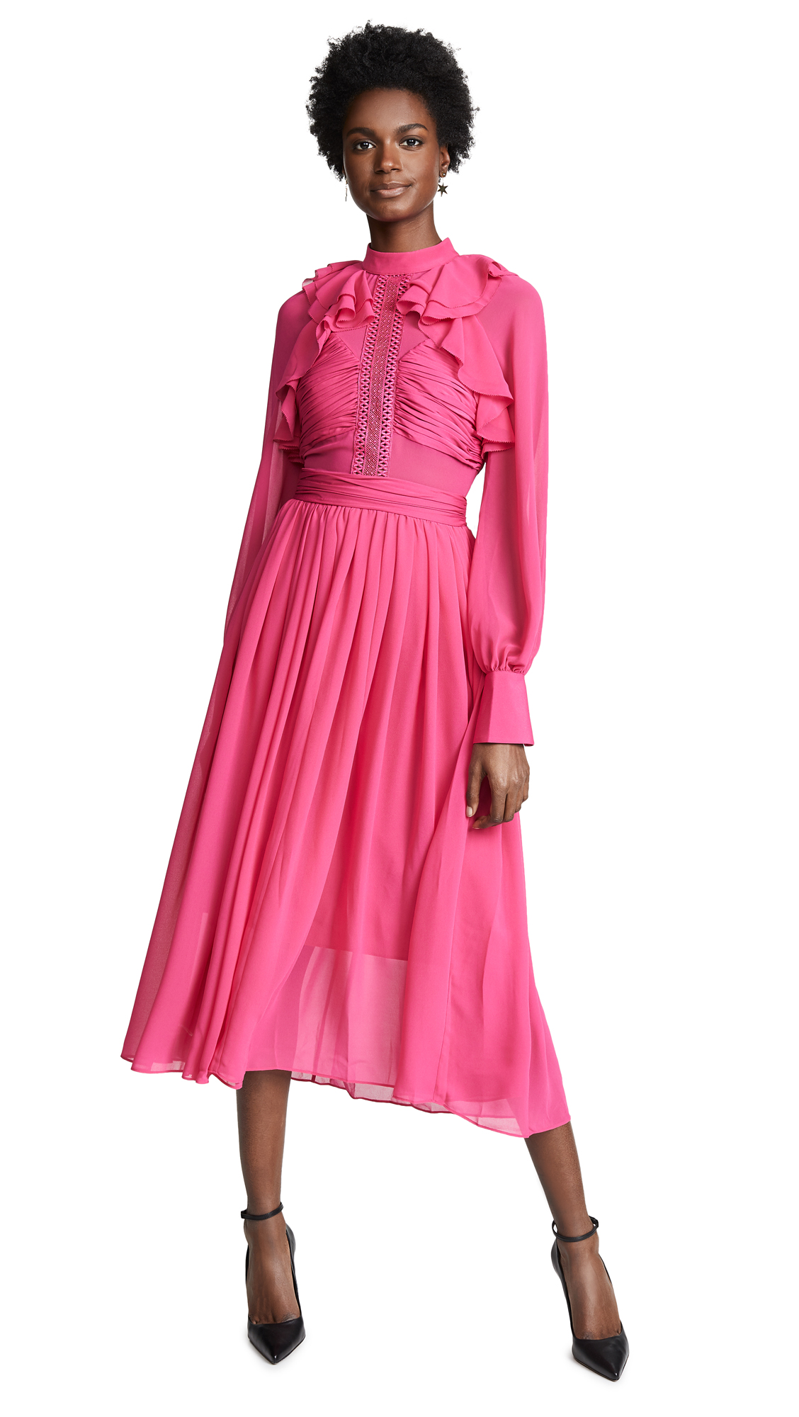 fuchsia pleated chiffon midi dress