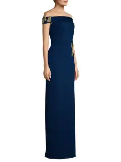 Shop Basix Black Label Women's Hand-painted Off-the-shoulder Column Gown In Navy