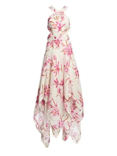 Shop Zimmermann Corsage Orchid-print Linen Silk Maxi Dress In Sage Fuchsia