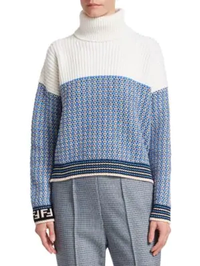 Shop Fendi Waffle Knit Logo Sleeve Turtleneck Sweater In Antigua Blue