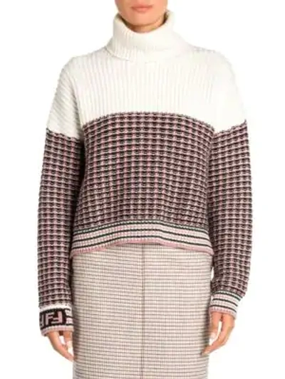 Shop Fendi Waffle Knit Logo Sleeve Turtleneck Sweater In Aruba Pink
