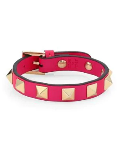 Shop Valentino Rockstud Leather Bracelet In Disco Pink