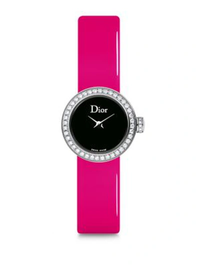 Shop Dior La Mini D De  Diamond, Stainless Steel & Pink Patent Leather Strap Watch In Fucshia-black