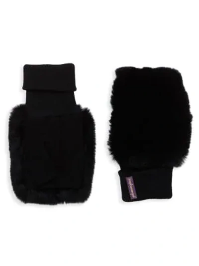 Shop Glamourpuss Fingerless Rabbit Fur & Suede Mittens In Black