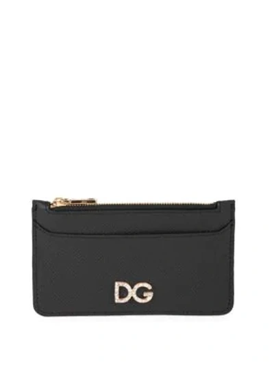 Shop Dolce & Gabbana Embellished Logo Zippered Leather Card Case In Black