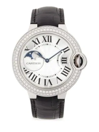 Shop Cartier Ballon Bleu De  Diamond, 18k White Gold & Leather Strap Watch In Black